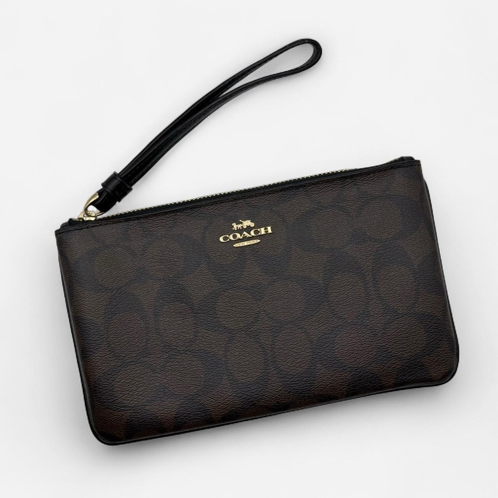 Coach Signature PVC Large Wristlet Brown and Black with Gold Hardware NWOT
